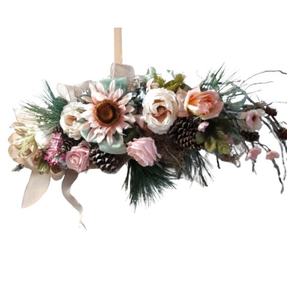 Hand Crafted Other - Pink Burlap Christmas Floral Pinecones Roses Door Decor Wreath Handmade Wood  3